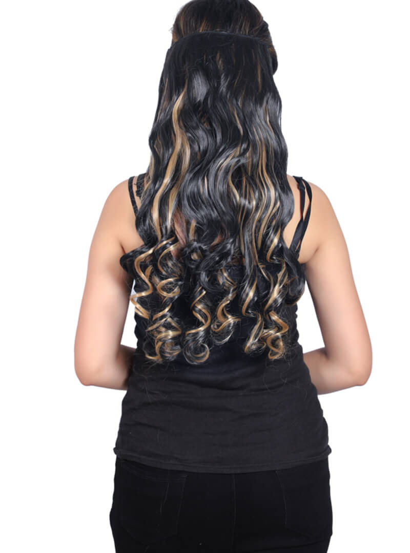 5 Clips based Curly Golden Highlight Hair Extension Back